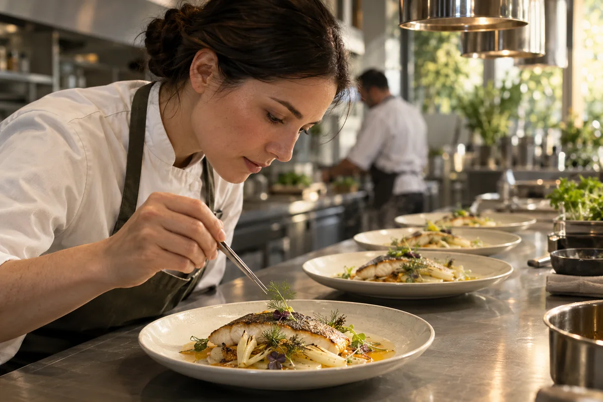 A chef placing a finishing herb on a plated fish dish at the kitchen pass