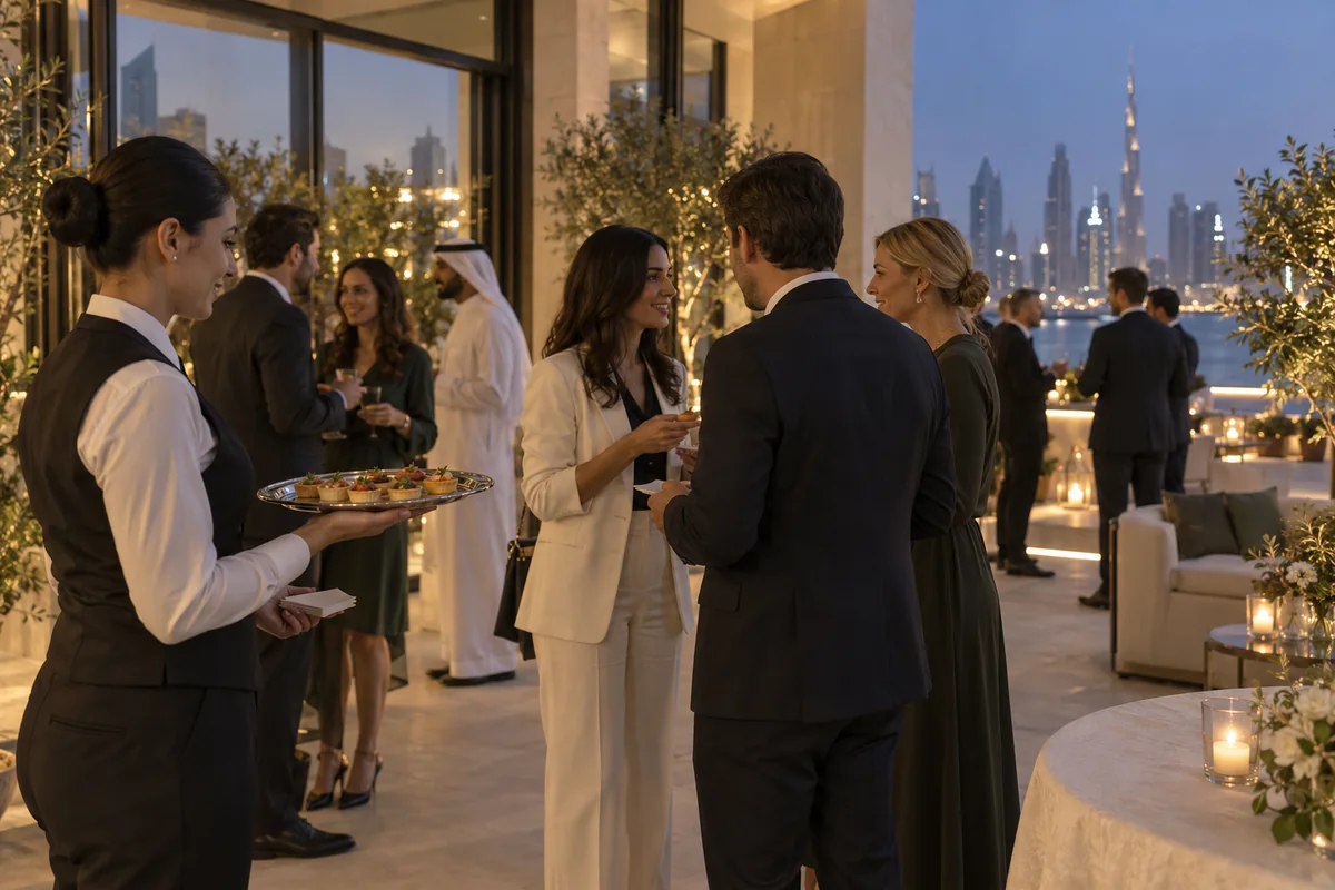 A server offering canapés to guests at an evening business reception