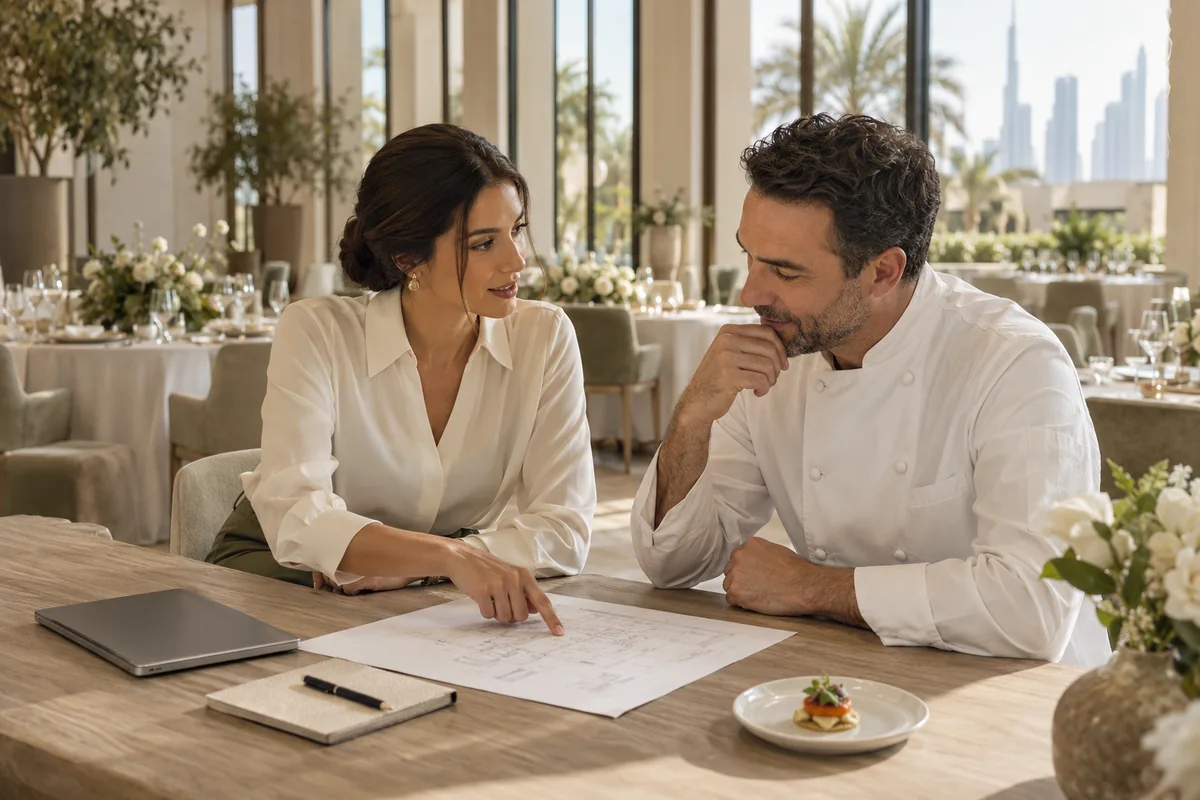 An event coordinator and chef discussing the table plan in a light-filled venue