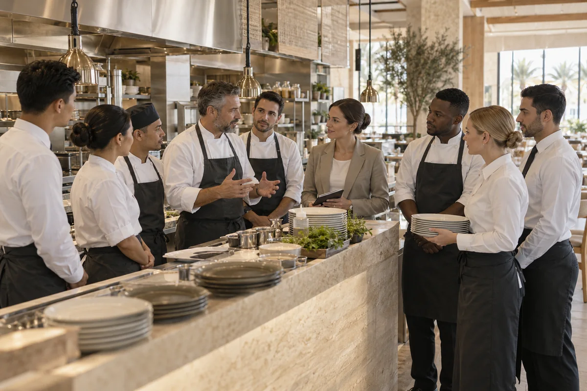 Chefs, coordinators and service colleagues gathered around a kitchen pass for a briefing
