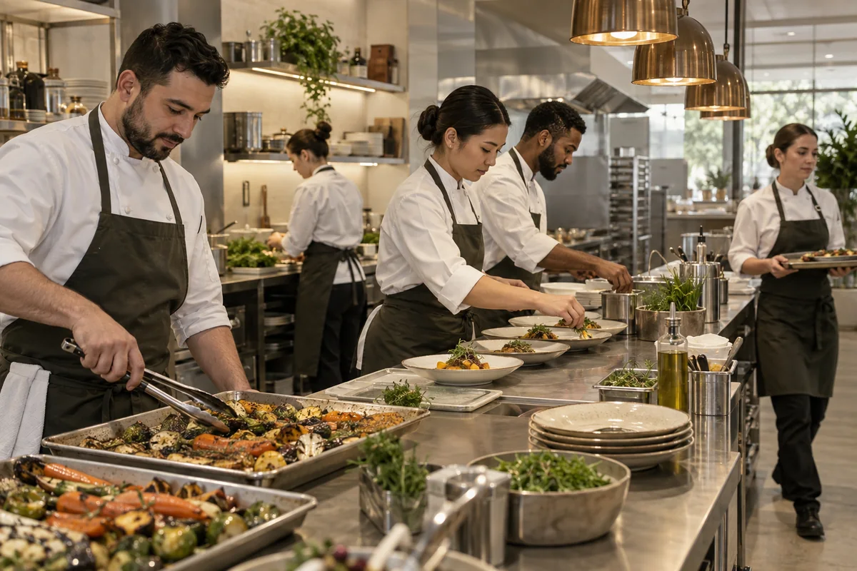 Culinary and service colleagues preparing dishes together in a spacious professional kitchen
