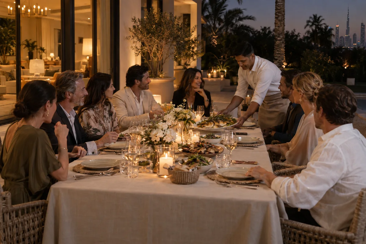 Guests sharing dinner around a candlelit table on a villa terrace