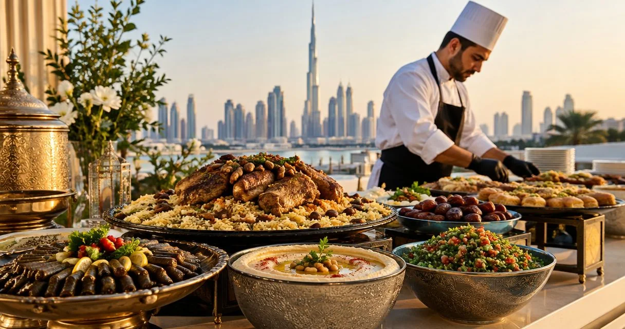 A chef arranging mezze and sharing dishes on an outdoor buffet