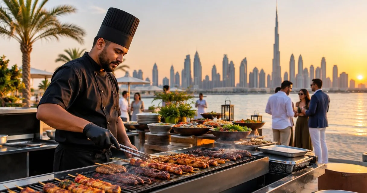 A chef tending skewers on a barbecue grill