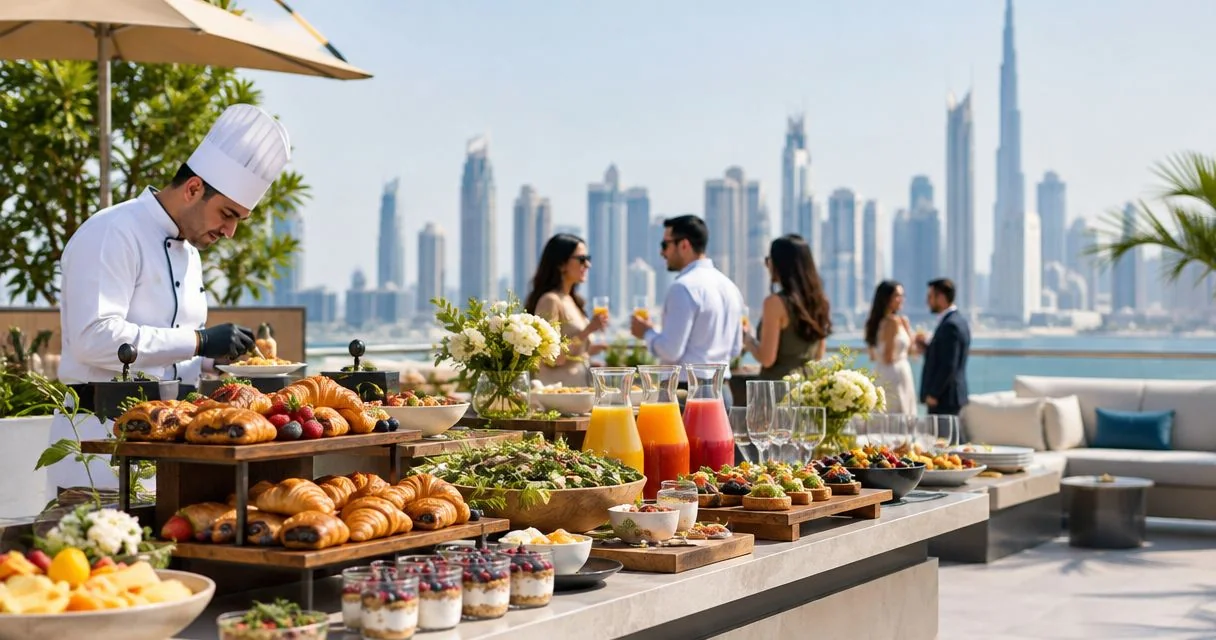 A brunch buffet with fruit, pastries and hot dishes on a terrace