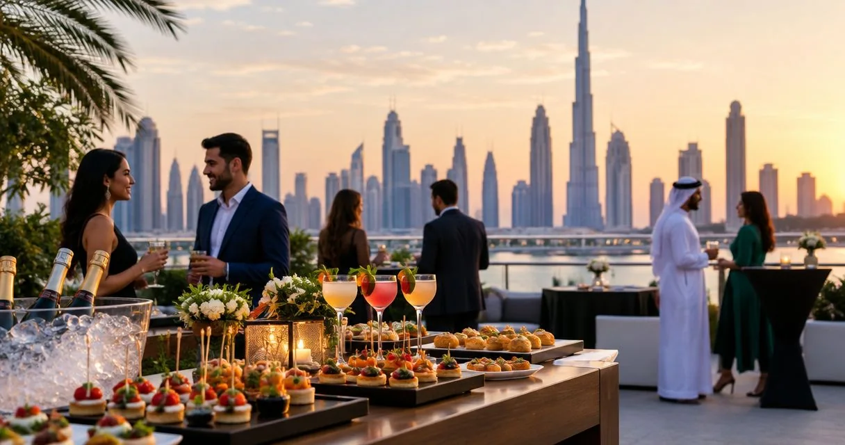 Canapés and colourful drinks arranged for a terrace reception