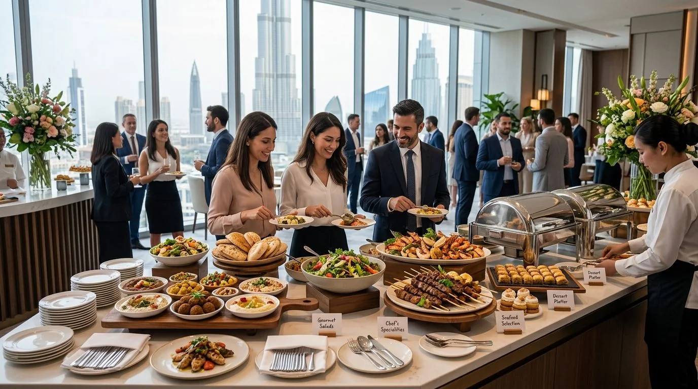 A buffet of salads and hot dishes beside a business gathering