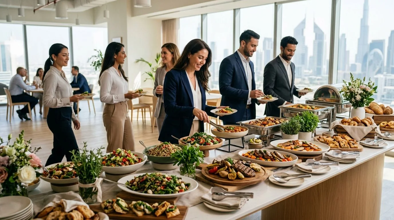 Colleagues serving themselves lunch from a prepared buffet