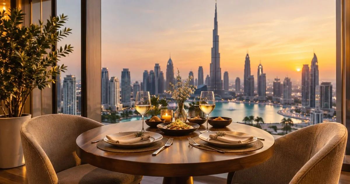 A small dining table set for dinner beside floor-to-ceiling windows
