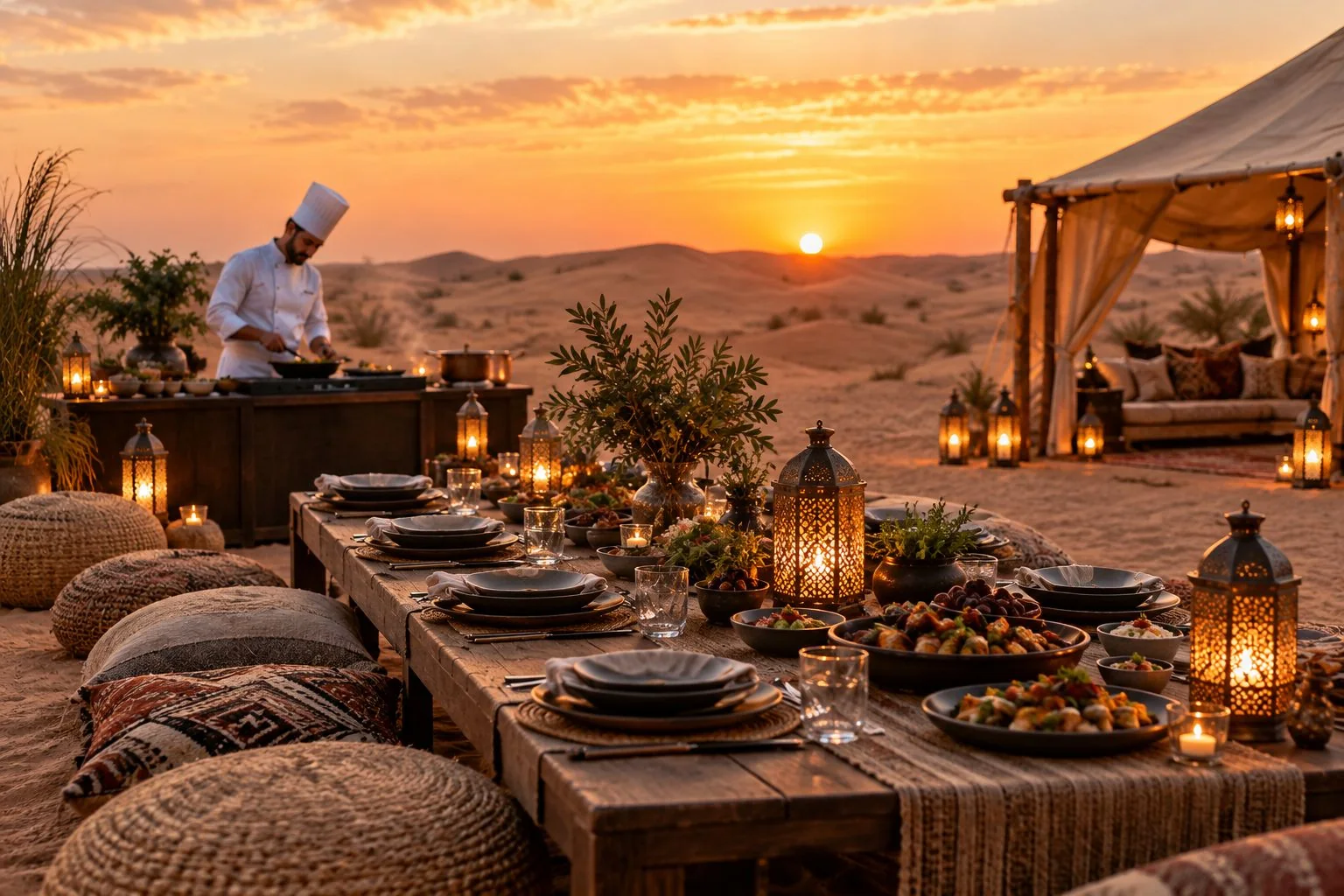 Private chef finishing a dish beside a low table set for desert dining at dusk