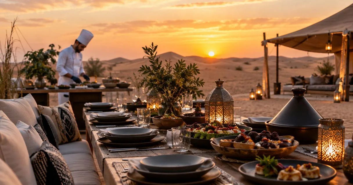 A candlelit dinner table arranged beside desert dunes at sunset