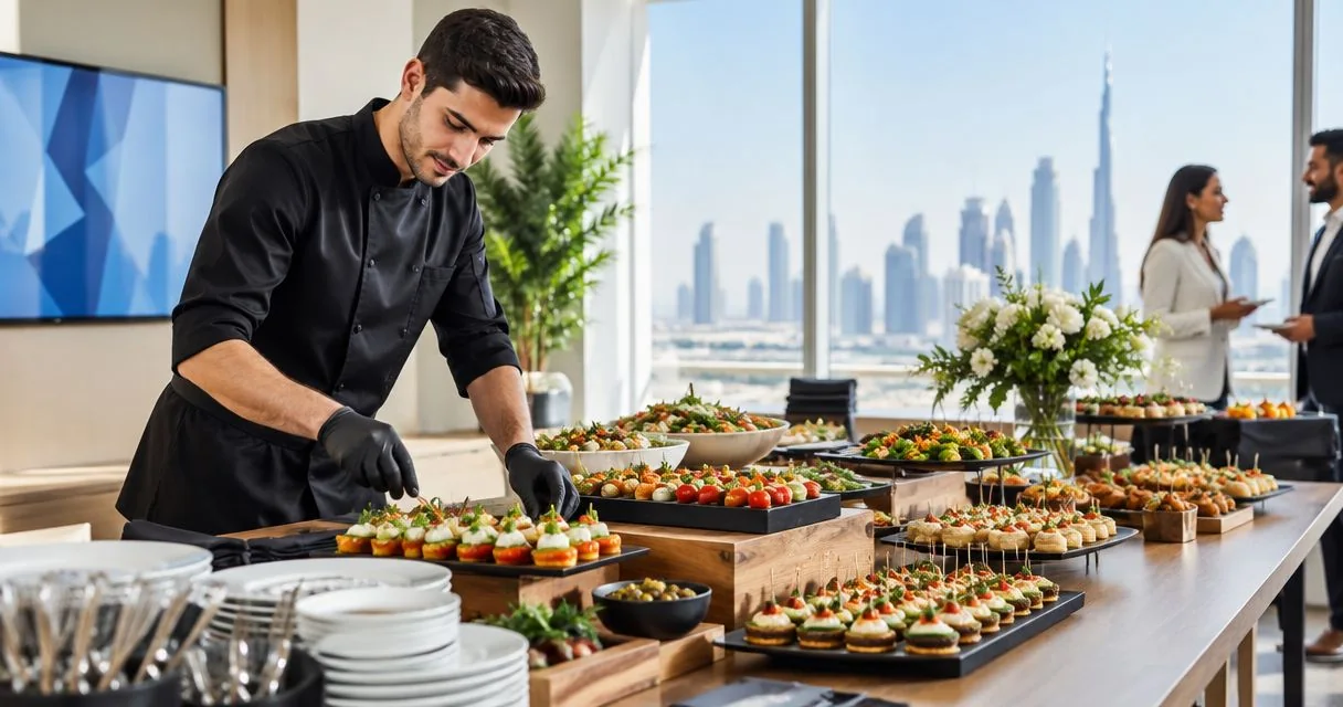 Chef arranging ready-to-serve catering trays on a sideboard