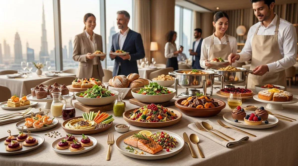 A chef and guests beside a table of colourful salads and prepared dishes