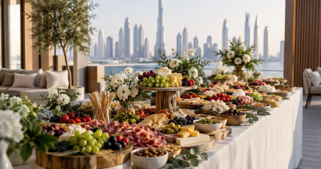 A grazing table of cheeses, fresh fruit and small savoury dishes