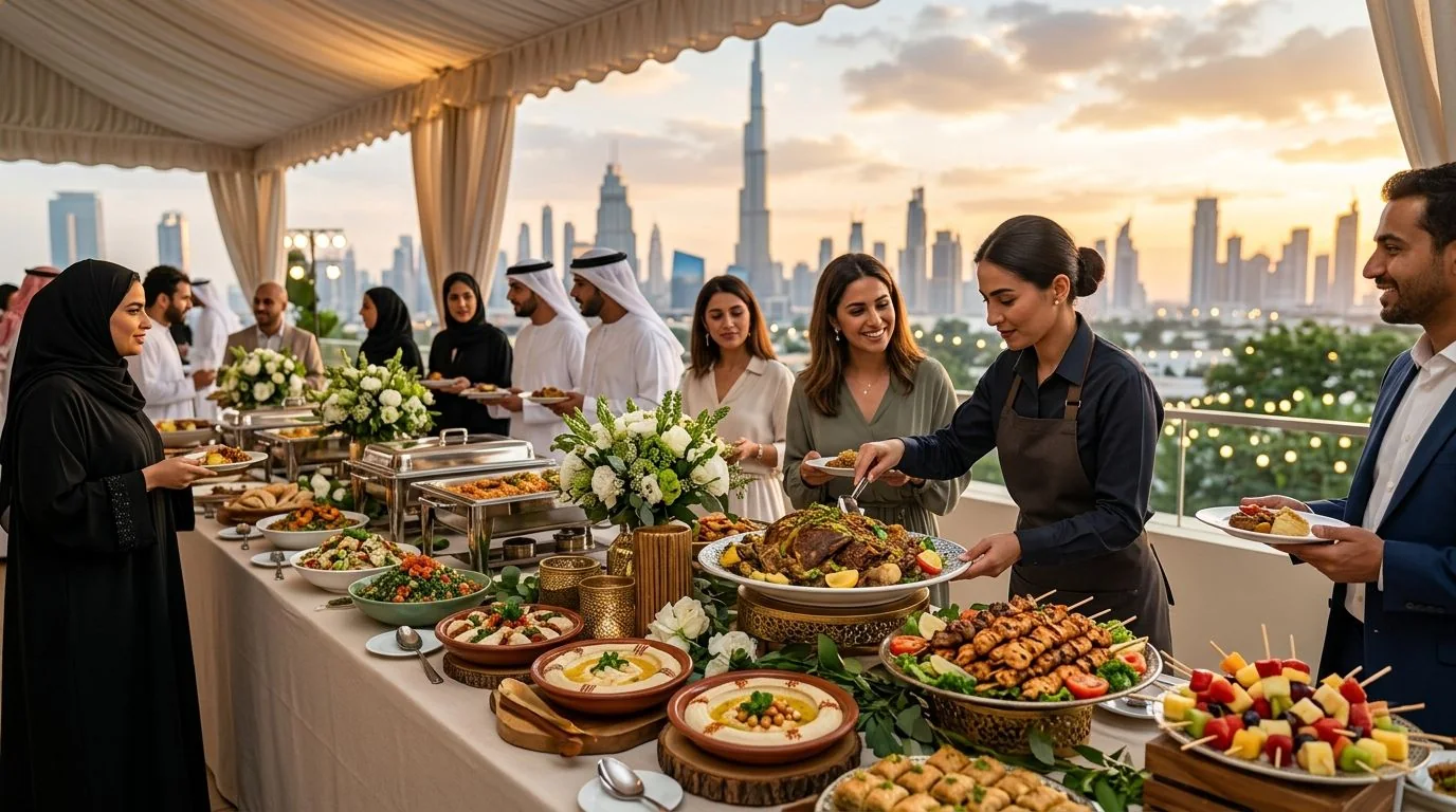 Guests sharing rice, salads and grilled dishes at a long table
