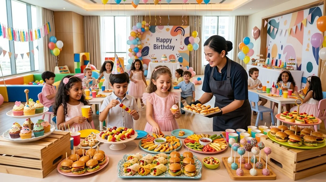 Small sandwiches, fruit and party food arranged for children