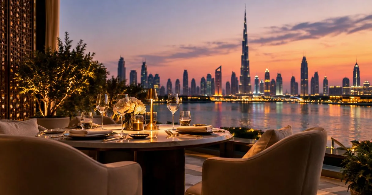 A private dining table set beside windows overlooking Dubai
