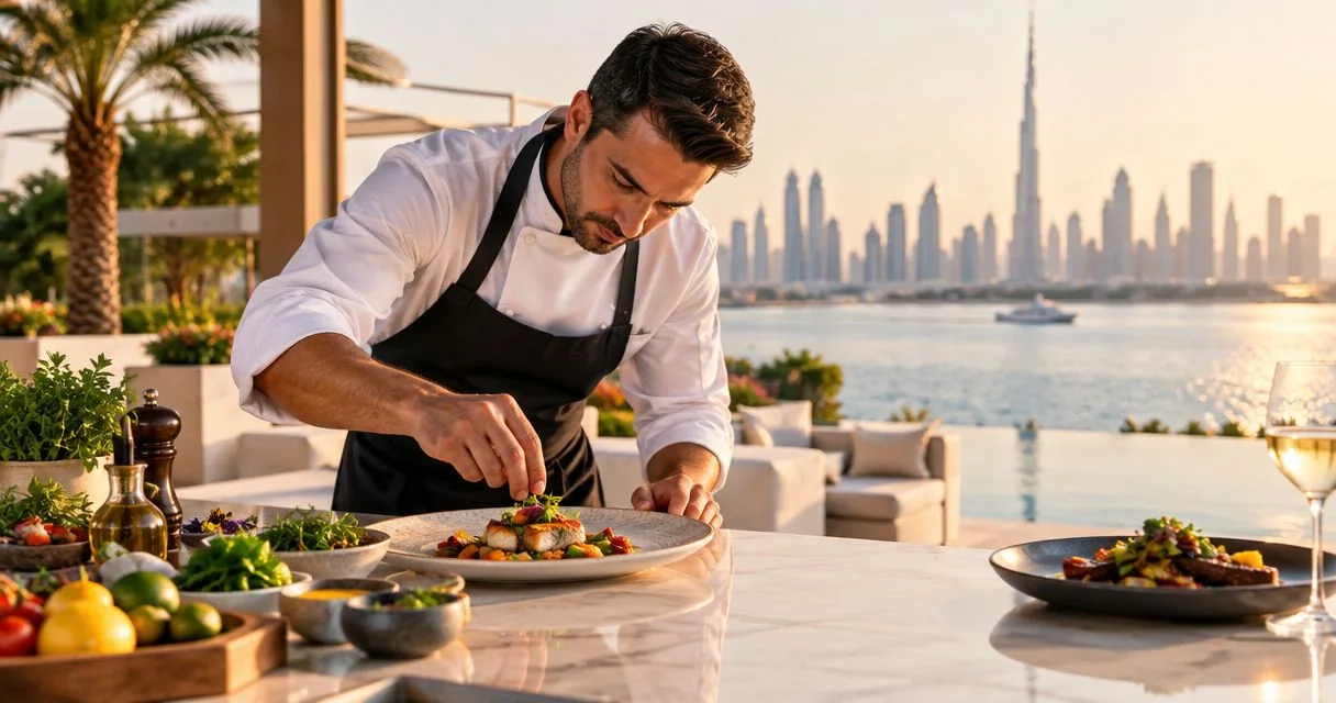 Chef finishing a plated meal in a villa overlooking the city