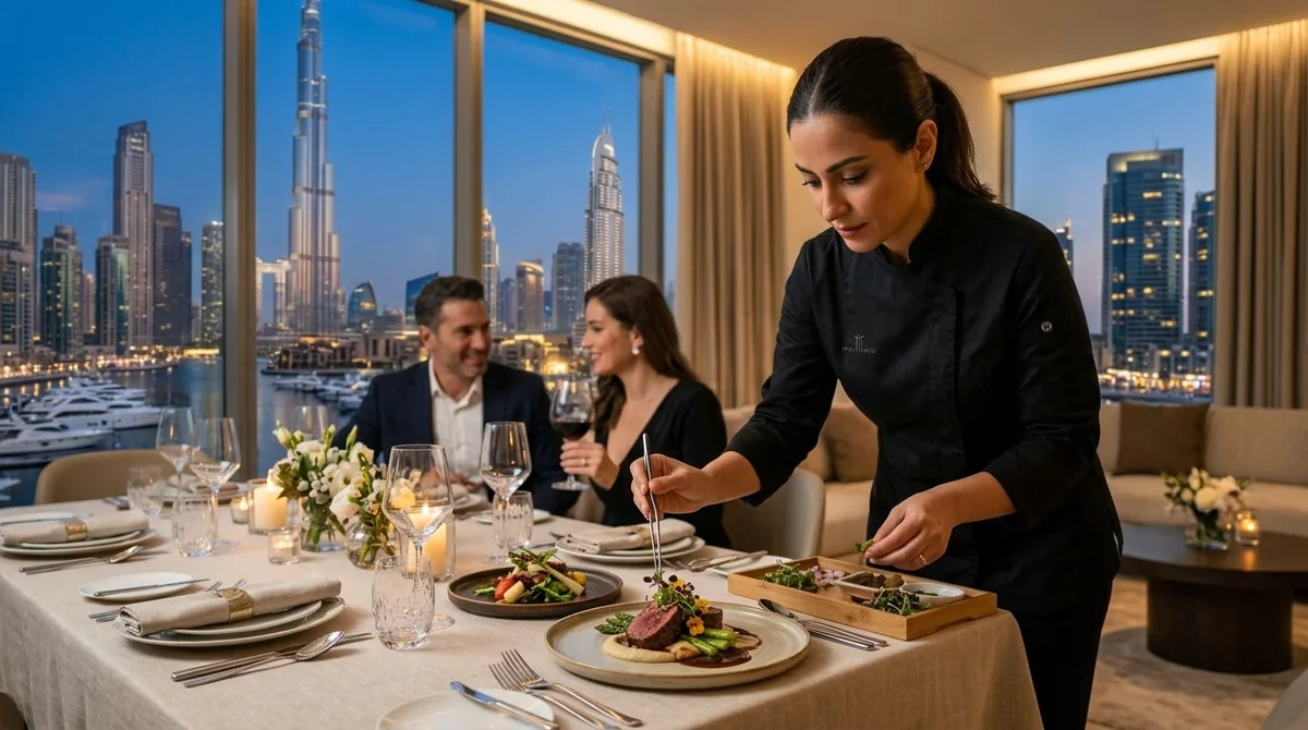 A chef finishing plates in a home kitchen beside seated guests