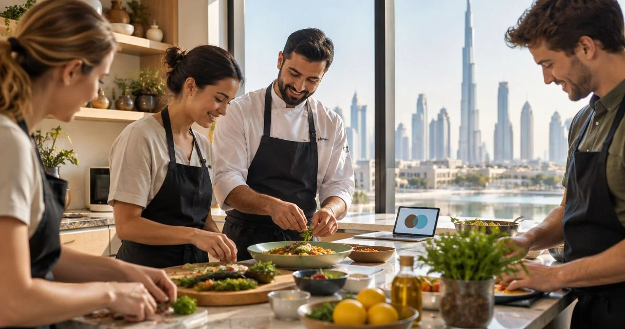 Guests preparing food with a chef during a private cooking lesson