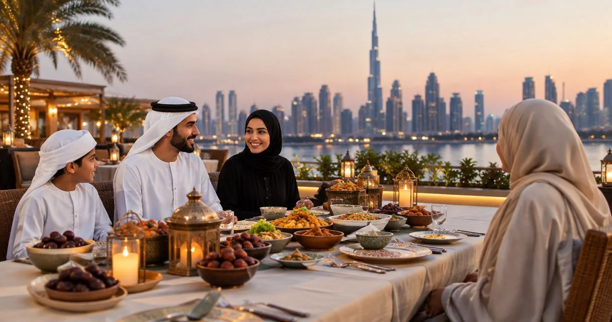 An iftar table with dates and sharing dishes at sunset