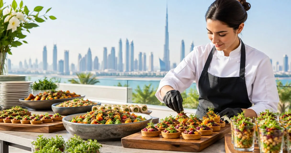 A chef arranging vegetables and salads for a catered meal