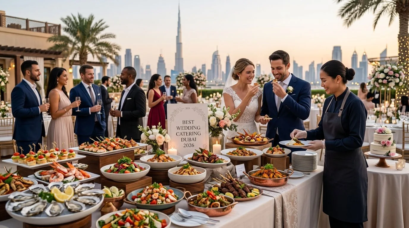 A wedding buffet with prepared dishes and service staff