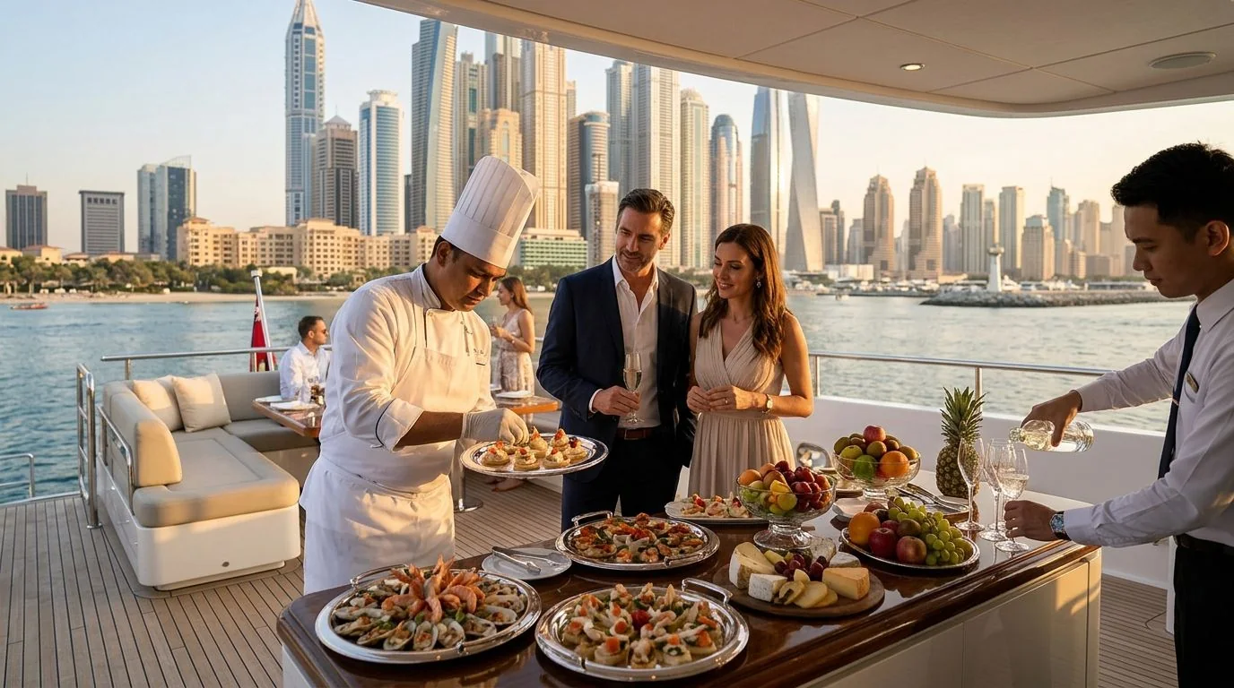Guests and a chef beside a buffet on a yacht deck