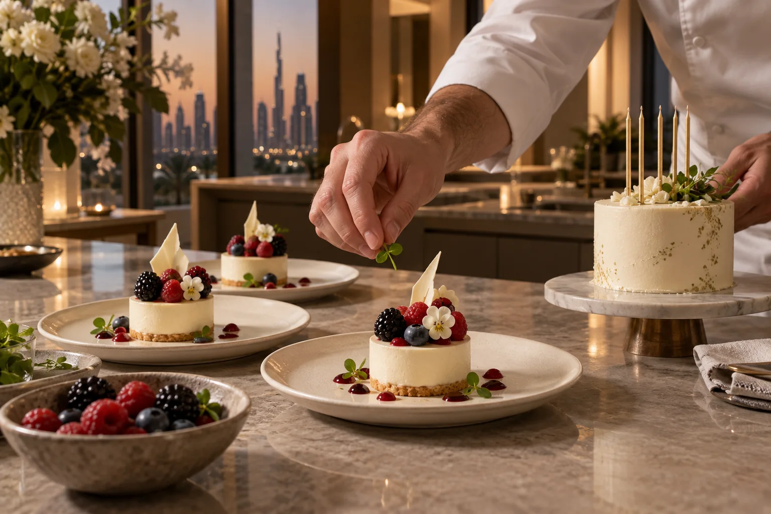 Chef finishing berry desserts beside a small birthday cake