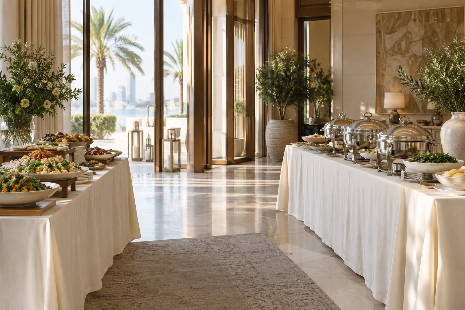Two buffet tables with clear guest and service space between them