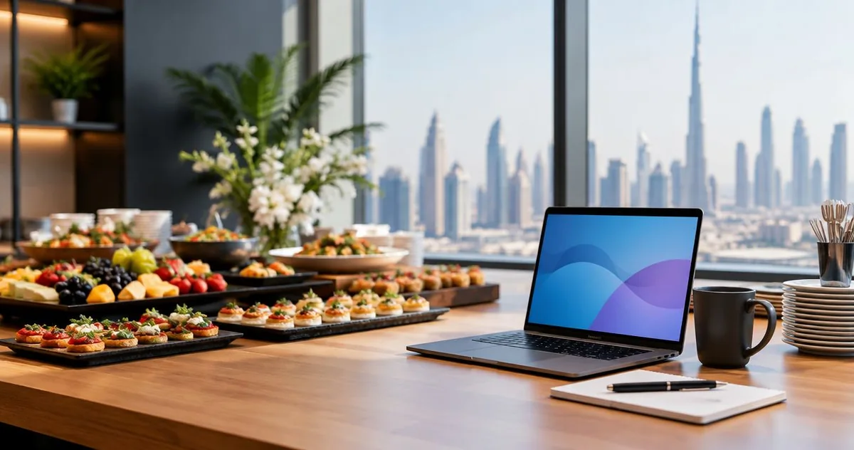 Sandwiches and drinks arranged beside a laptop on an office table
