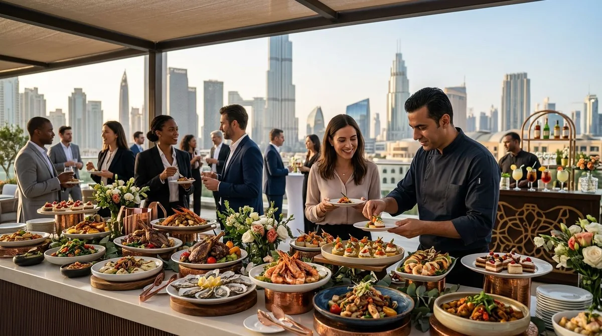 Colleagues gathered beside a lunch buffet in an office