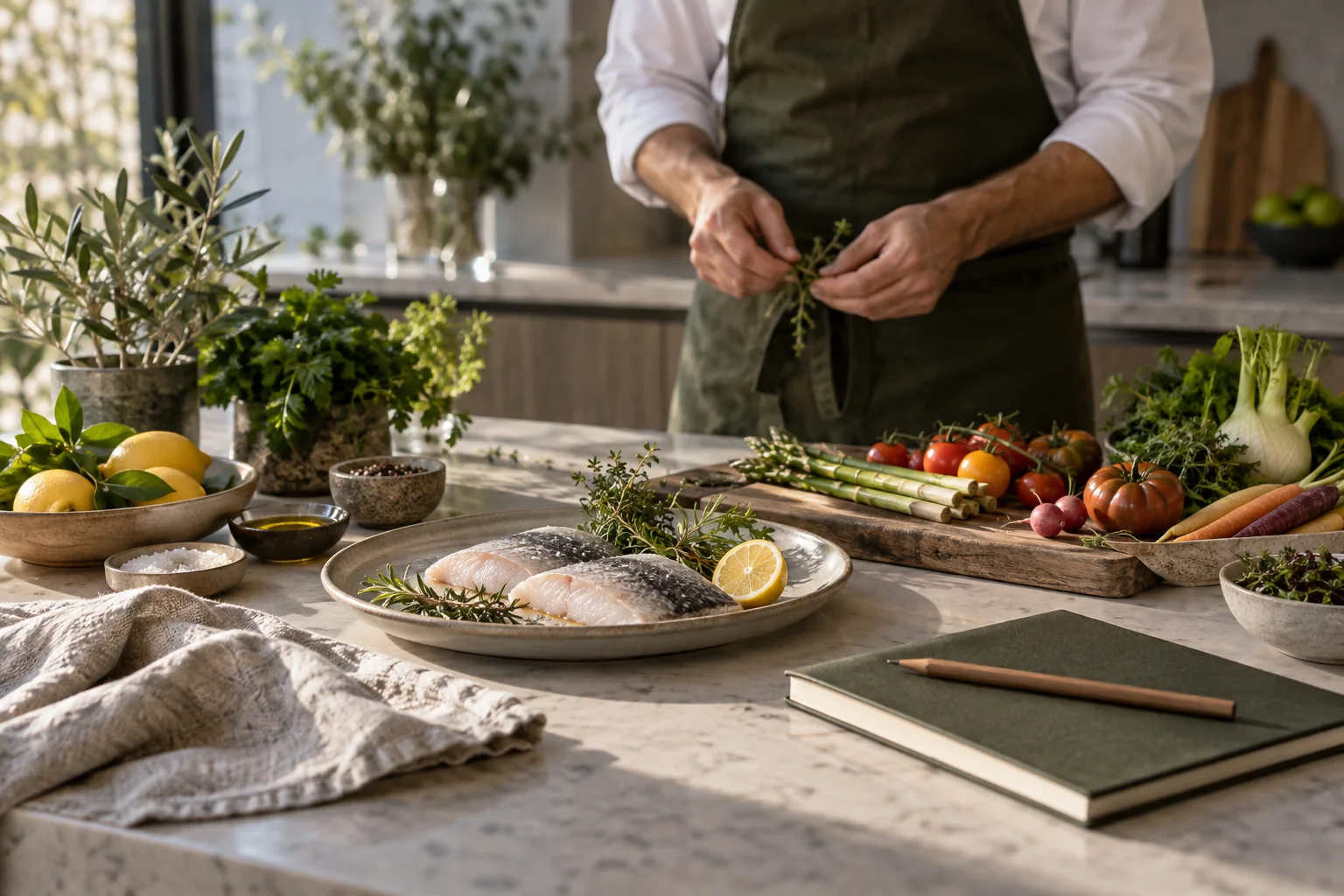 Fish, seasonal vegetables and herbs arranged for menu planning