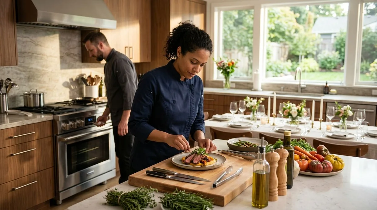 A chef preparing meals in a home kitchen