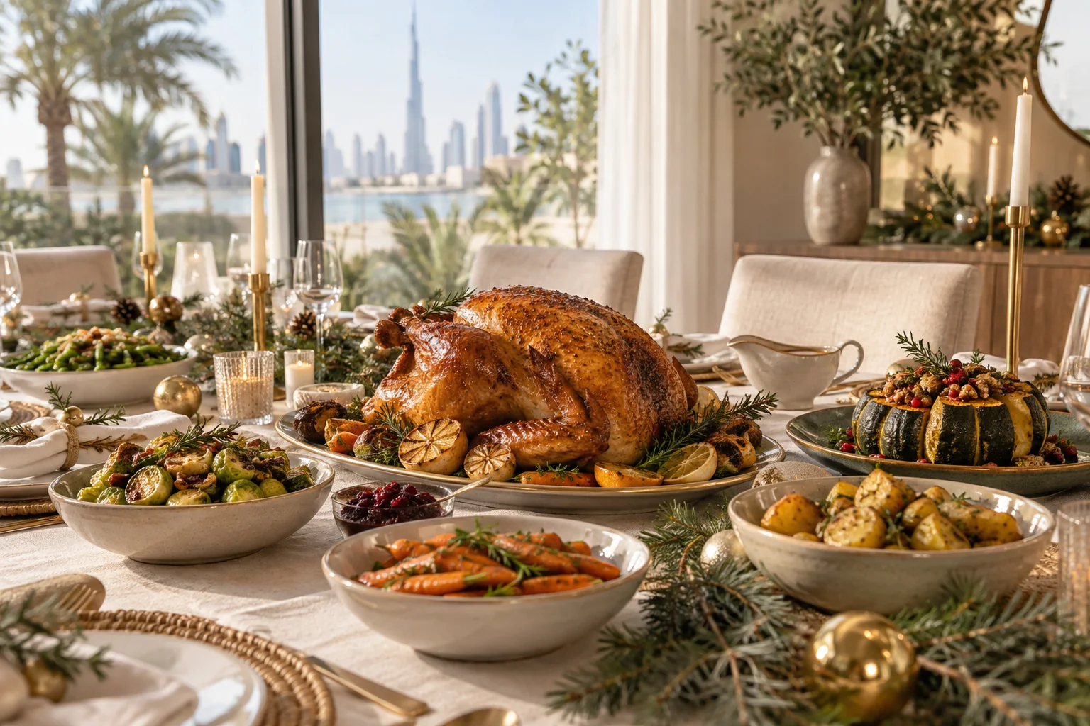 A festive home lunch with a roast centrepiece and vegetable dishes