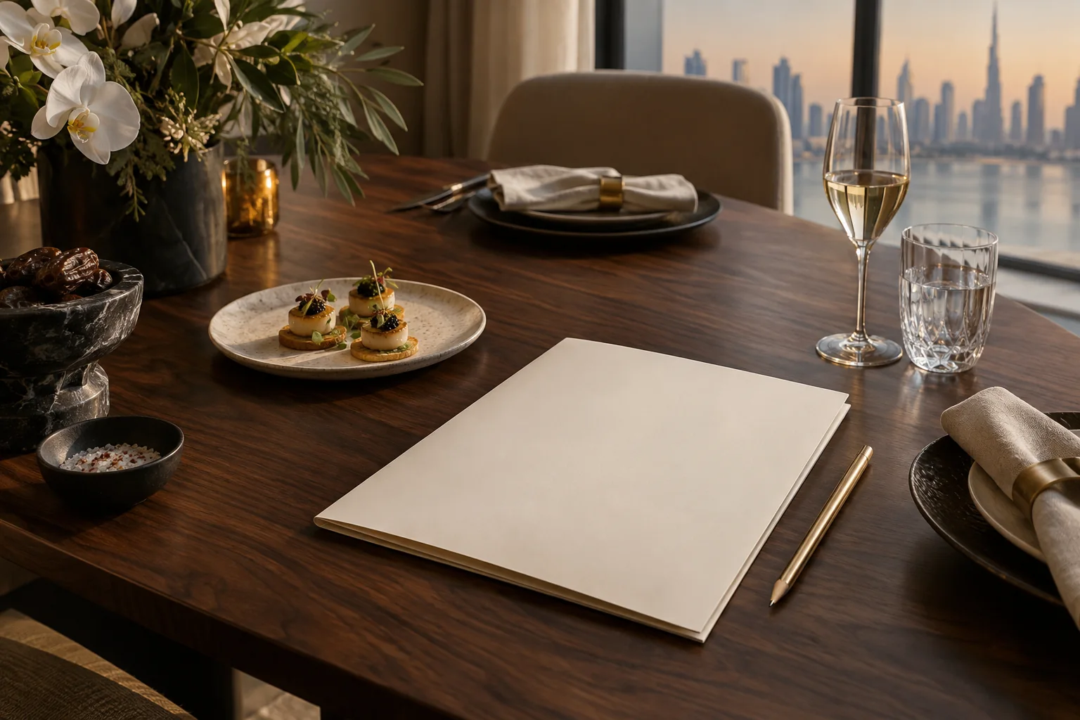An event-planning folder beside tableware and a small savoury plate
