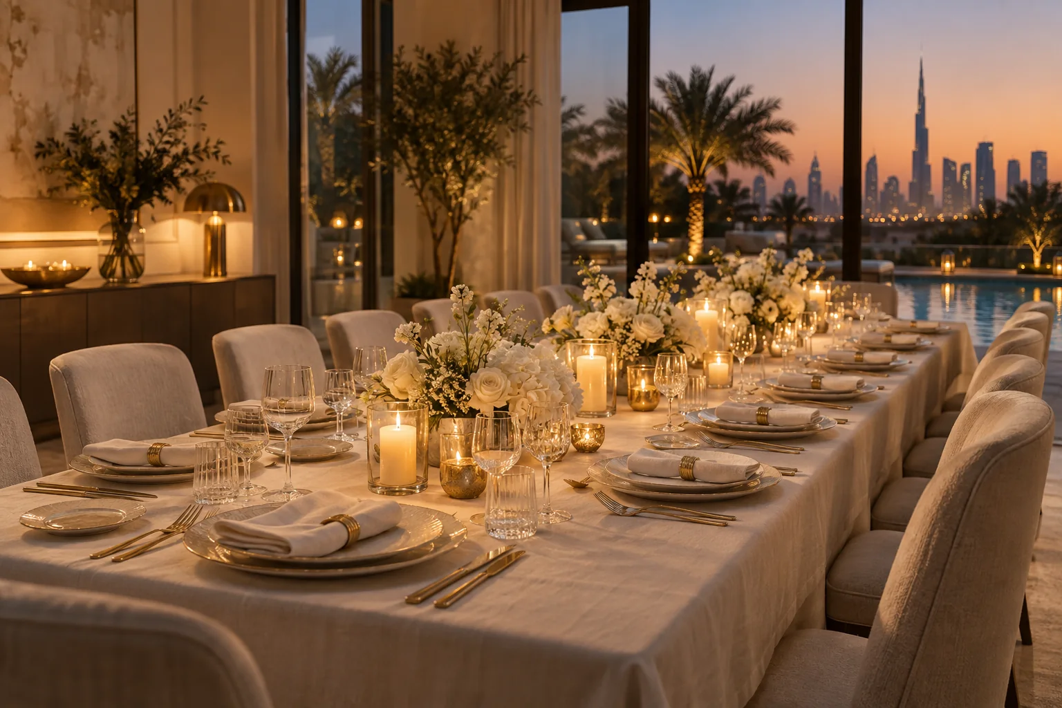 An evening dinner table set with ivory linen, flowers and candlelight
