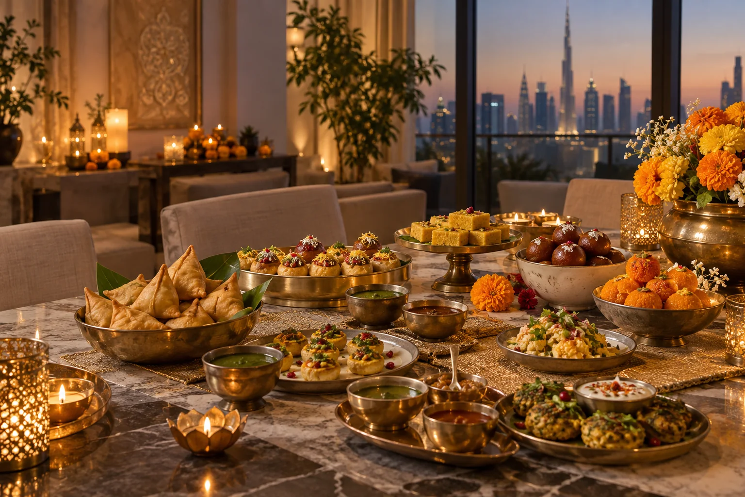 Indian savouries and sweets arranged for a Diwali home gathering