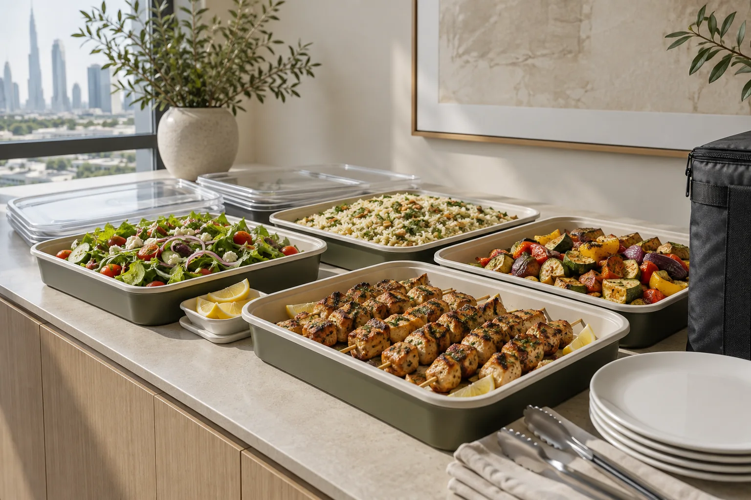 Ready-to-serve lunch trays with chicken skewers, vegetables, rice and salad