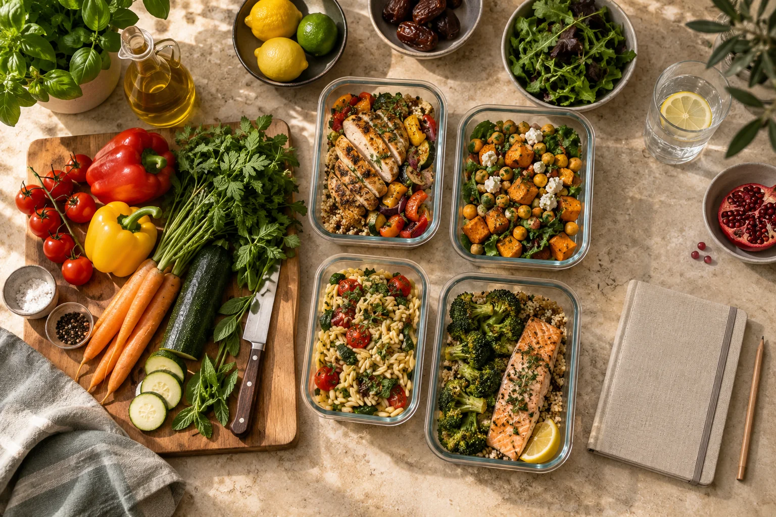 Prepared household meals beside fresh vegetables and a planning notebook