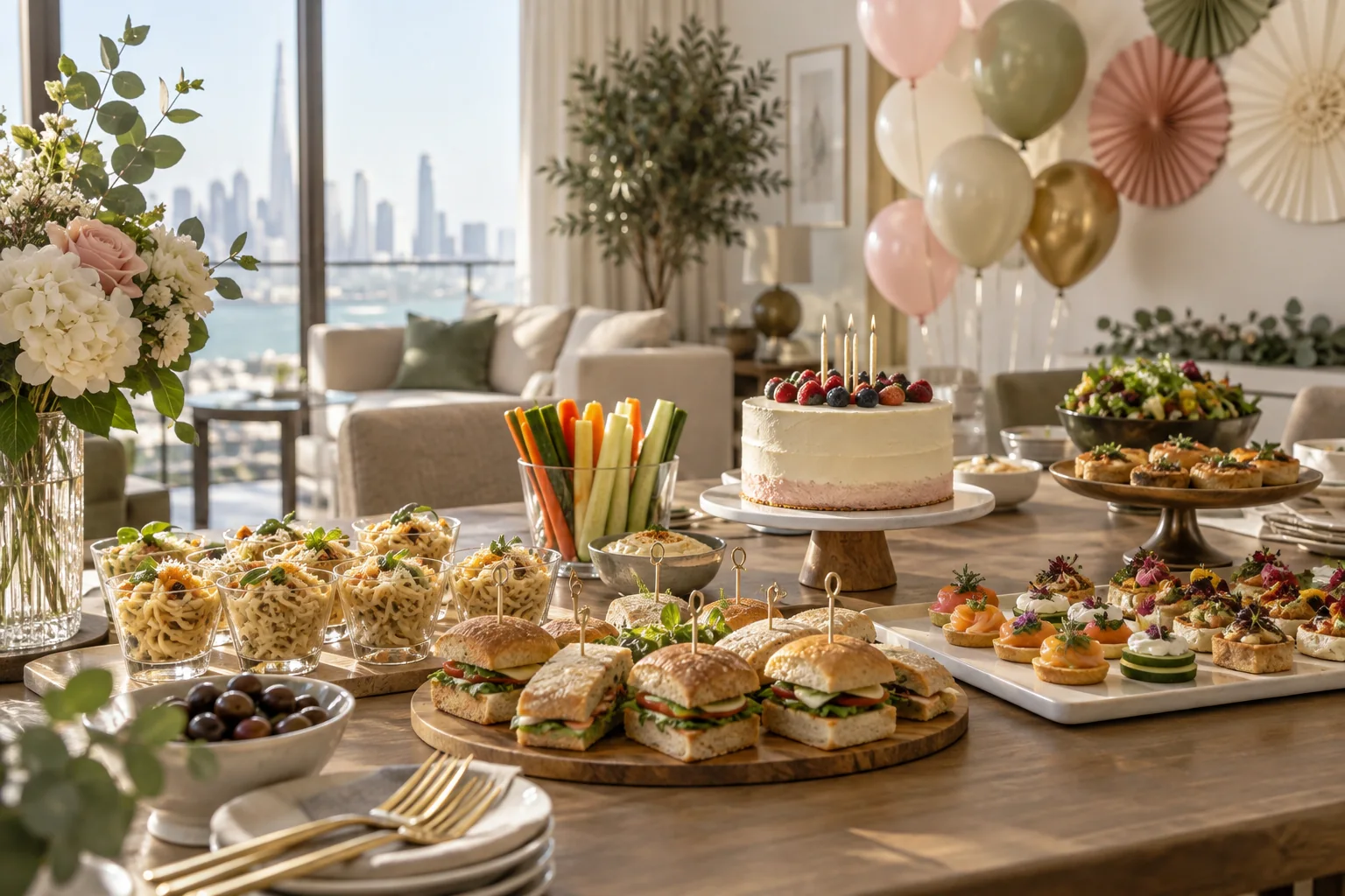 A family birthday spread with small sandwiches, pasta and cake