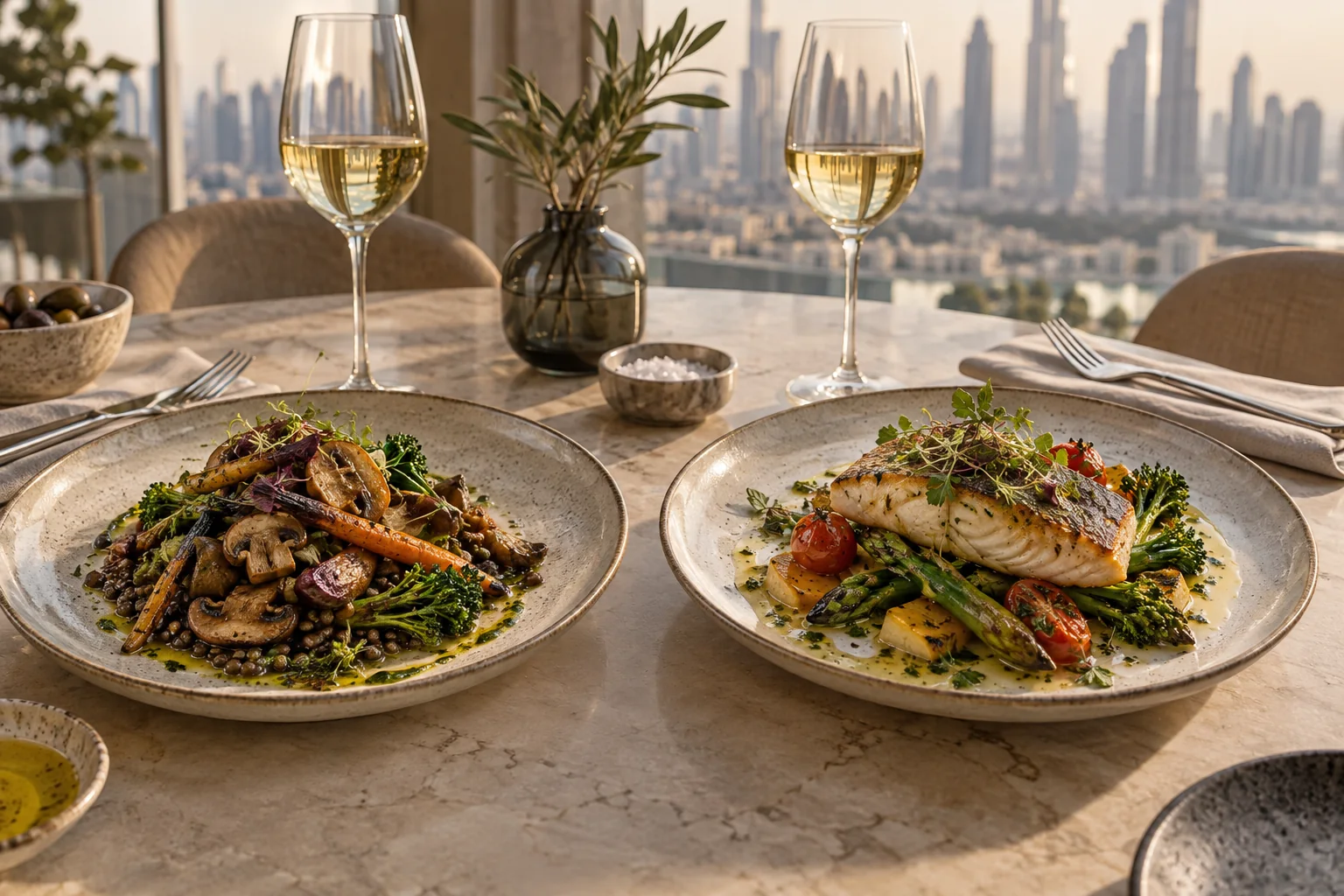 Plant-based and fish main courses presented with equal care