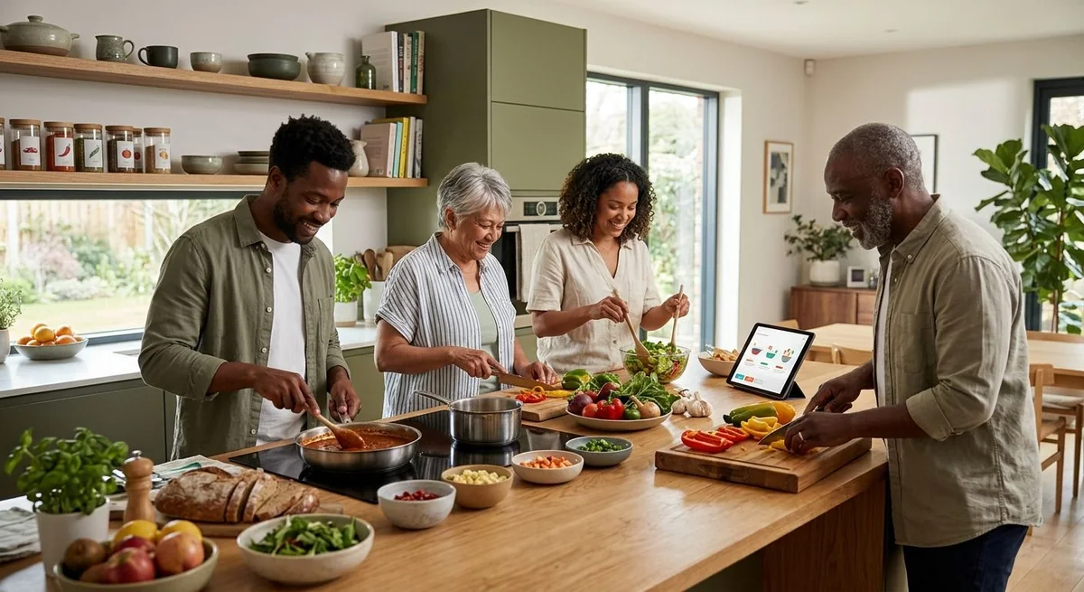 A chef and household discussing food around a kitchen island
