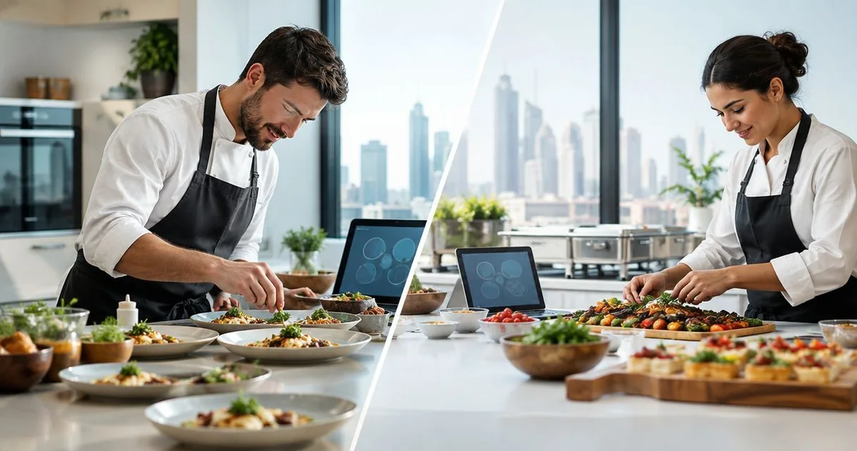 Chefs preparing separate dishes at a kitchen counter