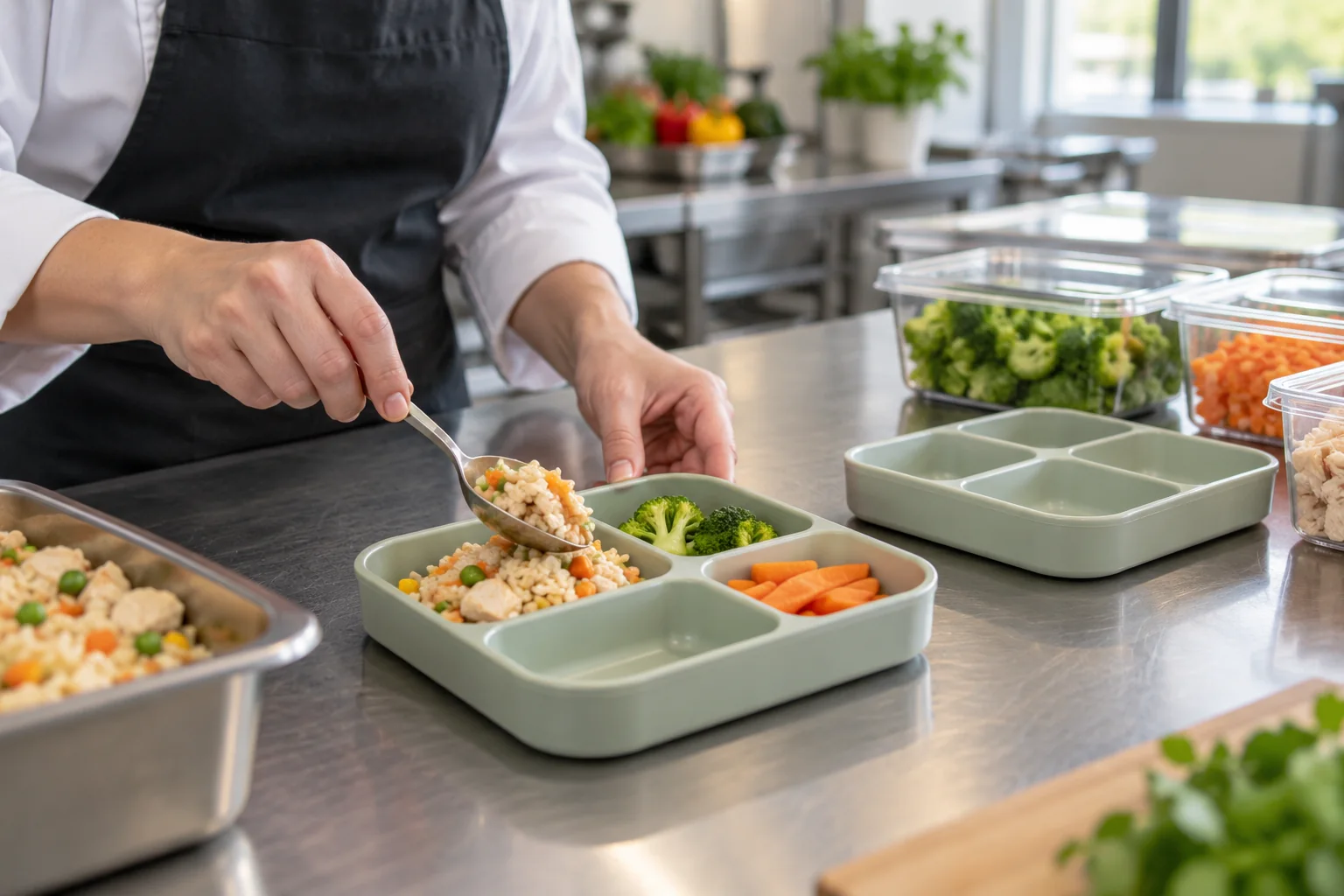 Chef portioning a meal into a nursery lunch tray with a dedicated serving spoon