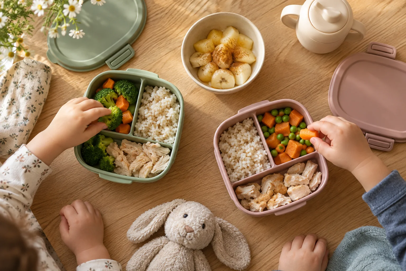 Small lunch containers with chicken, rice and cooked vegetables