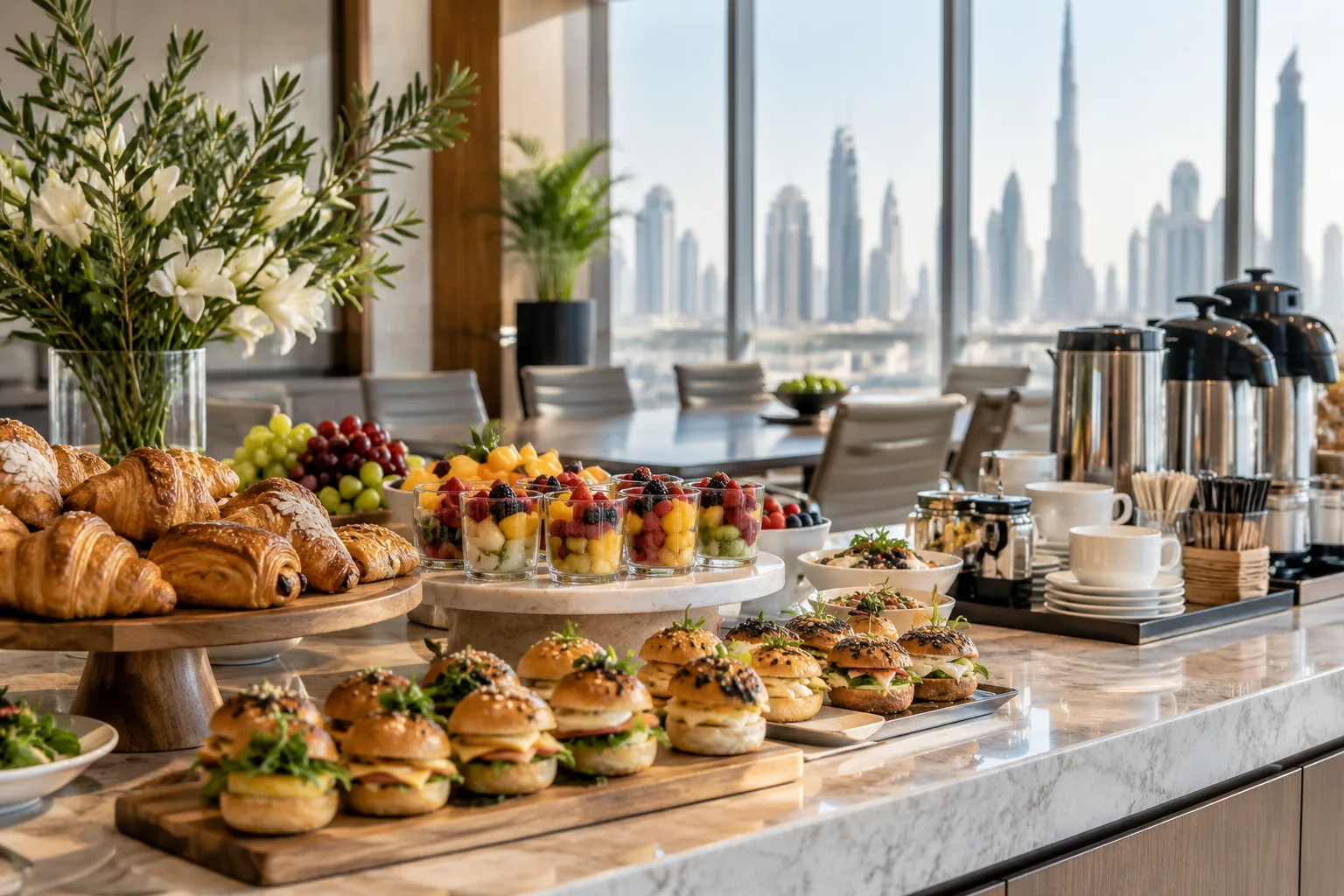 An office breakfast station with savoury rolls, fruit and pastries