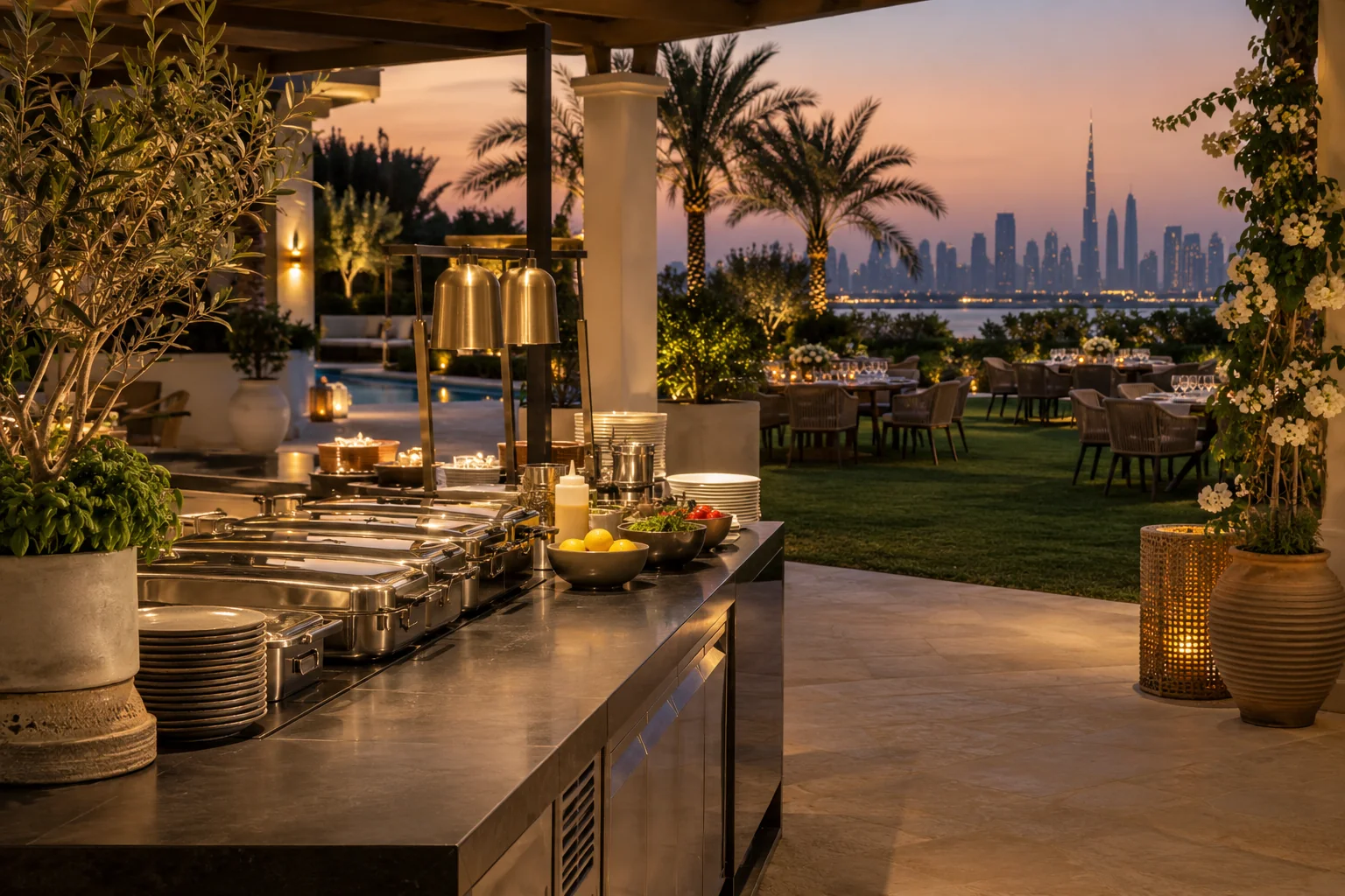 An organised catering station beside a villa garden dining area