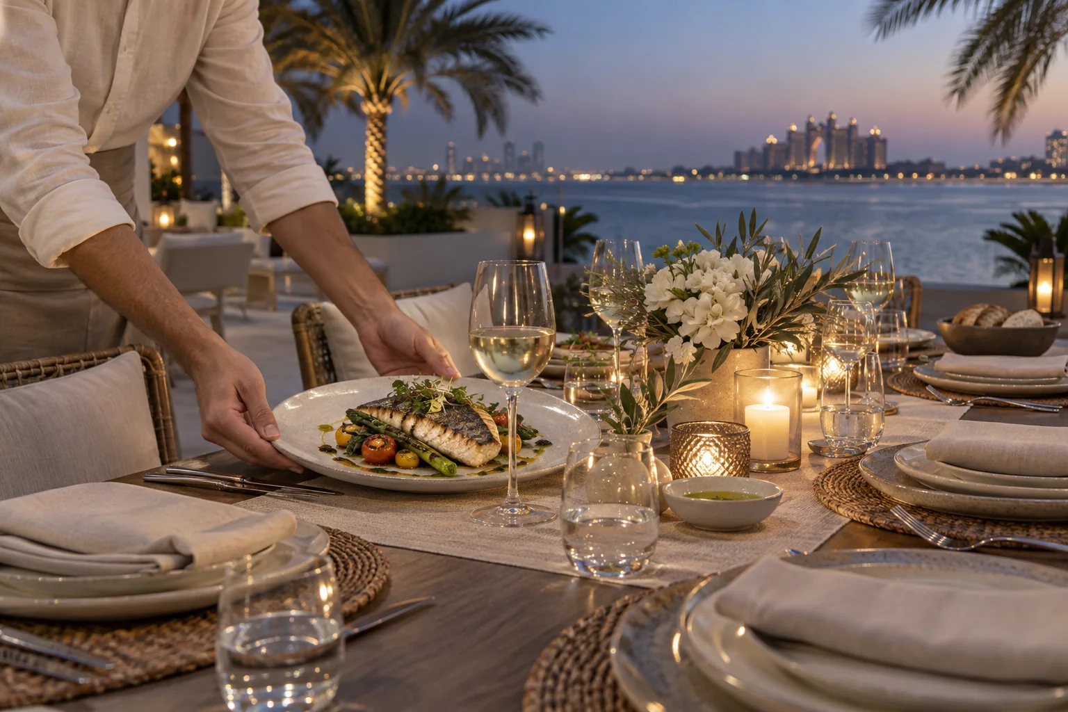 A fish course served on a waterside villa terrace at dusk