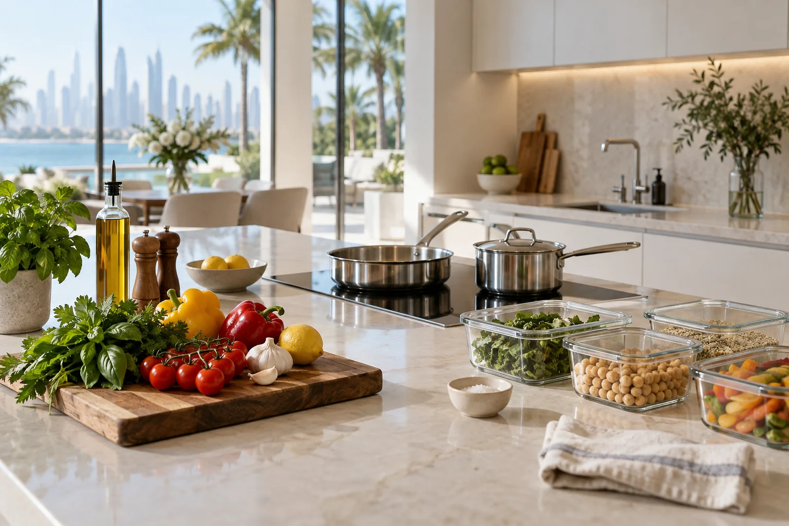 Prepared home kitchen with vegetables, cookware and glass containers